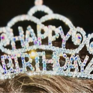 Tiara w/“Happy Birthday” on princess cut crown that has white/AB crystals.